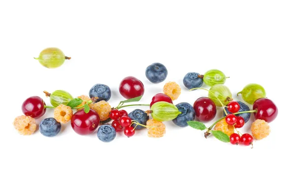 Wild Cherry Red Currants Green Gooseberry Yellow Raspberry Blueberries Isolated — Stock Photo, Image