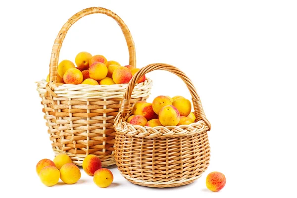 Fresh Apricots Wicker Baskets Isolated White Background — Stock Photo, Image