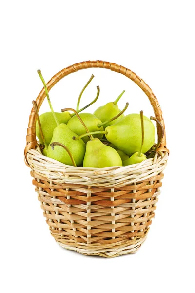 Fresh Green Pears Wicker Baskets Isolated White Background — Foto Stock