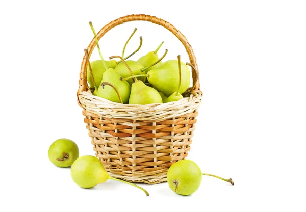 Fresh Green Pears Wicker Baskets Isolated White Background — Stock Photo, Image