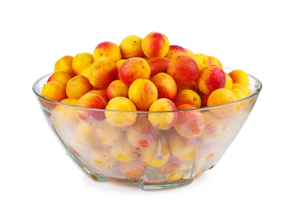 Fresh Apricots Glass Bowl Isolated White Background — Stock Photo, Image