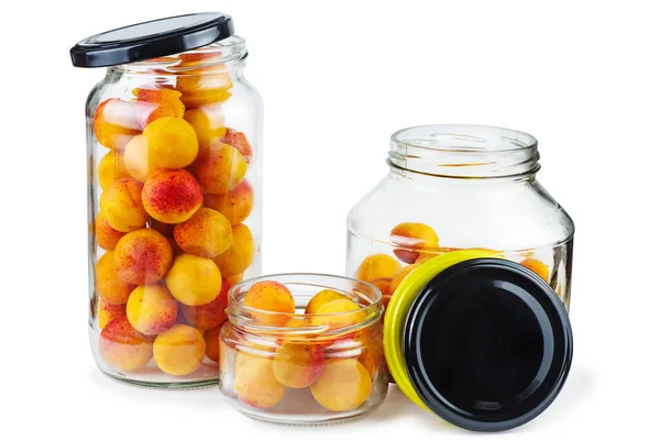 Apricots Prepared Canning Glass Jars Isolated White Background — 스톡 사진