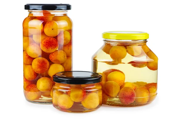Apricots Prepared Canned Glass Jars Isolated White Background — 스톡 사진