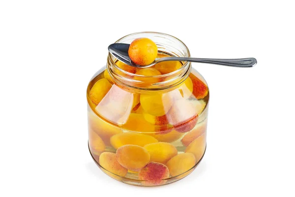 Apricots Prepared Canned Glass Jar Isolated White Background — 스톡 사진