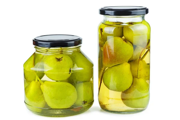 Pears Canned Glass Jars Isolated White Background — Stock Photo, Image