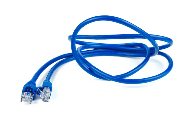 Ethernet Azul Cobre Rj45 Patchcord Isolado Fundo Branco — Fotografia de Stock