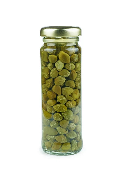 Glass Jar Marinated Capers White Background — Stock Photo, Image