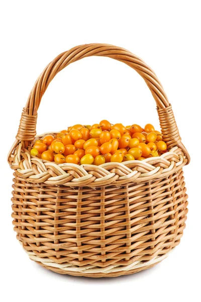 Wicker Basket Sea Buckthorn Berries Isolated White Background — Stock Photo, Image