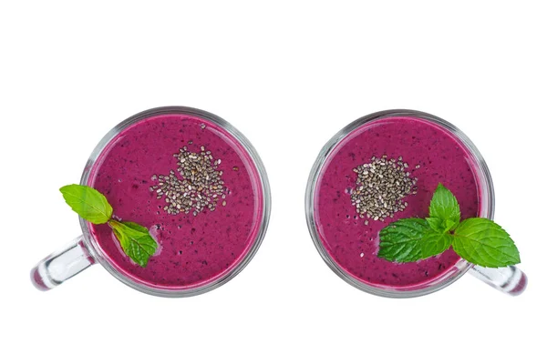 Two Glasses Homemade Blueberries Smoothie Fresh Mint Leaf Isolated White — Stock Photo, Image