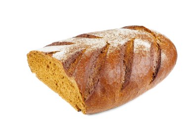 Yarım somun çavdar ekmeği tereyağlı, beyaz üzerine izole edilmiş.
