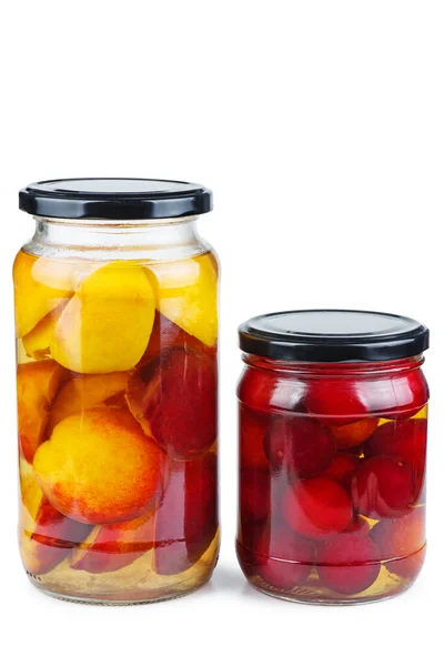 Peach Slices Cherry Plums Canned Glass Jar Isolated White Background — Stock Photo, Image