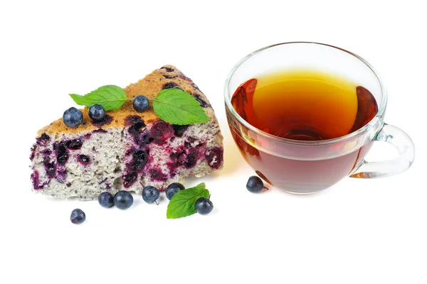 Blueberry Pie Piece Cup Tea Isolated White Background — Fotografia de Stock