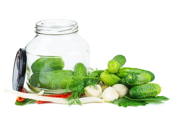 Cucumbers Prepared Canning Glass Jar Isolated White Background — Foto Stock