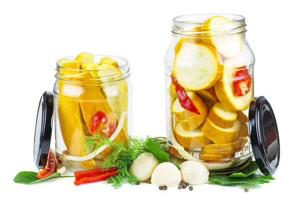 Zucchini Prepared Canning Glass Jars Isolated White Background — Stockfoto