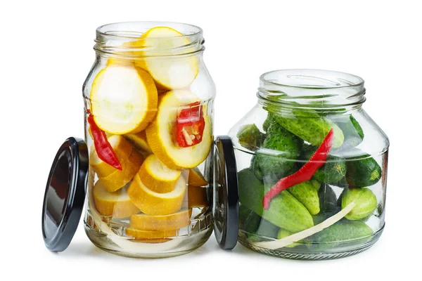 Cucumbers Zucchini Prepared Canning Glass Jar Isolated White Background — Stockfoto