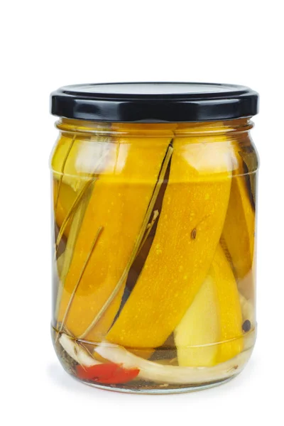 Pickled Cukety Skleněné Sklenici Izolované Bílém Pozadí — Stock fotografie