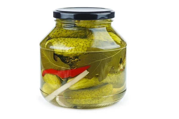 Glass Jar Pickled Cucumbers Isolated White Background - Stock-foto