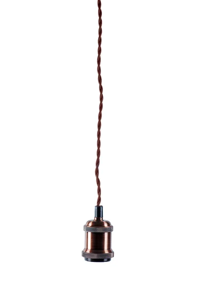 Vintage Copper E27 Socket Hanging Twisted Electric Wires Isolated White — Stock Photo, Image
