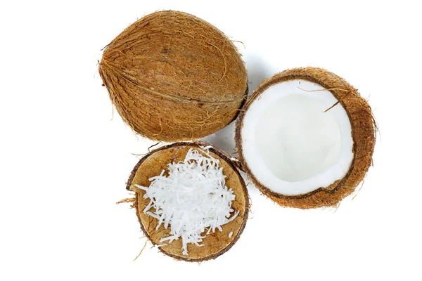 Cocco Intero Grattugiato Mezzo Isolato Fondo Bianco — Foto Stock