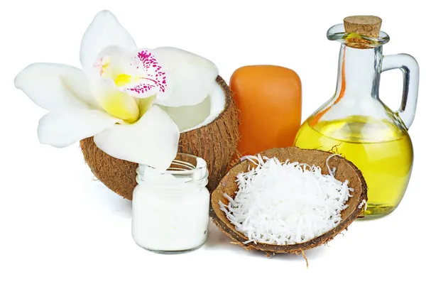 Zestaw Kosmetyków Kokosowych Białym Tle — Zdjęcie stockowe