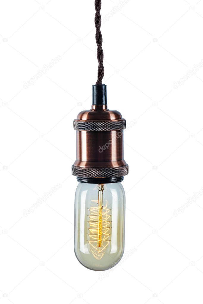 Glowing vintage light bulb isolated on white background