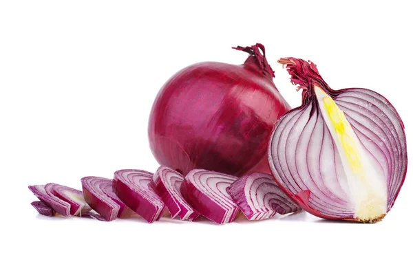 Whole Sliced Purple Onions Isolated White Background — Stock Photo, Image