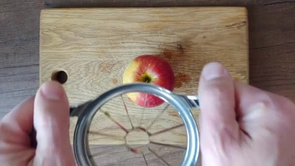 Man Cuts Apple Small Pieces Using Manual Apple Cutter — Stock Video