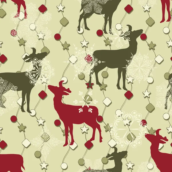 Vector Winter Seamless Pattern with Christmas Decoration, Deers, — Stock Vector