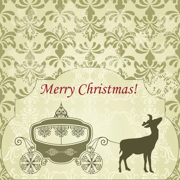 Vector Christmas Greeting Card with Deer and Vintage Carriage — Stock Vector