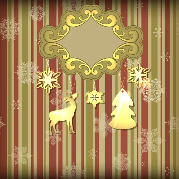 Cartão de Natal vetorial com moldura floral e brinquedos brilhantes — Vetor de Stock