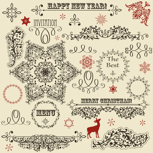 Vector vintage holiday floral design elements and snowflakes — Stock Vector