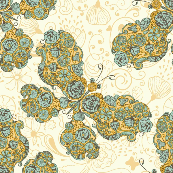 Patrón de primavera sin costura vectorial con mariposas hechas de flores — Vector de stock