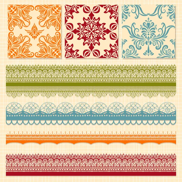 Vector Seamless Floral Patterns and Lacy Ribbons — Stock Vector