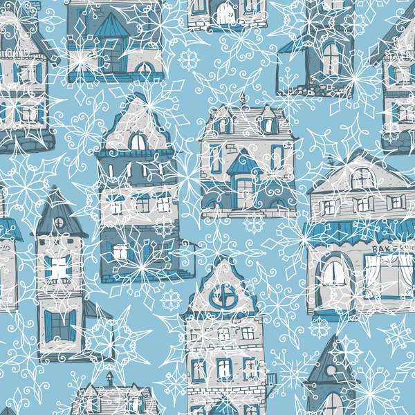 Pattern with houses and snowflakes — Stock Vector