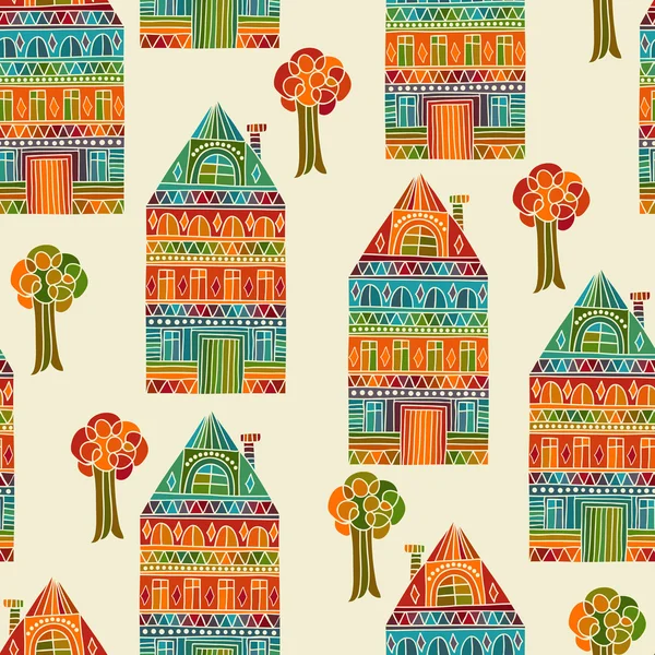 Pattern with Houses and Trees — Stock Vector