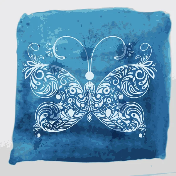 Vector witte vlinder op aquarel blauwe achtergrond met vlekken — Stockvector
