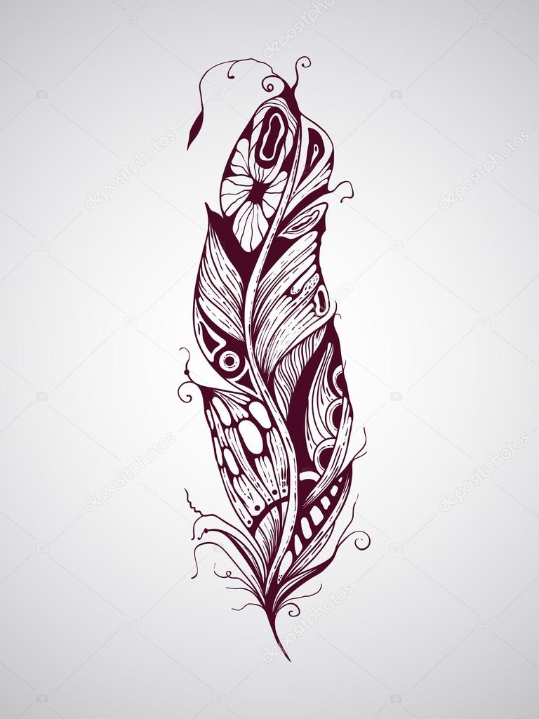 Hand drawn tattoo feather