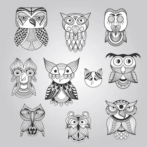 Set of Ten Doodle Owls — Stock Vector