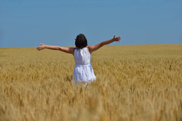 Young woman in wheat field at summer — Stock Photo, Image