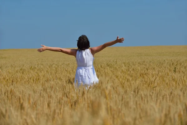 Mujer joven en el campo de trigo en verano —  Fotos de Stock