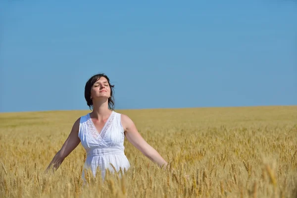 Mujer joven en el campo de trigo en verano — Foto de Stock