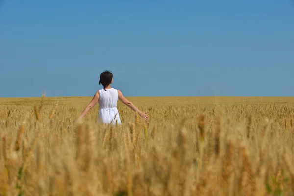 Mujer joven en el campo de trigo en verano — Foto de Stock