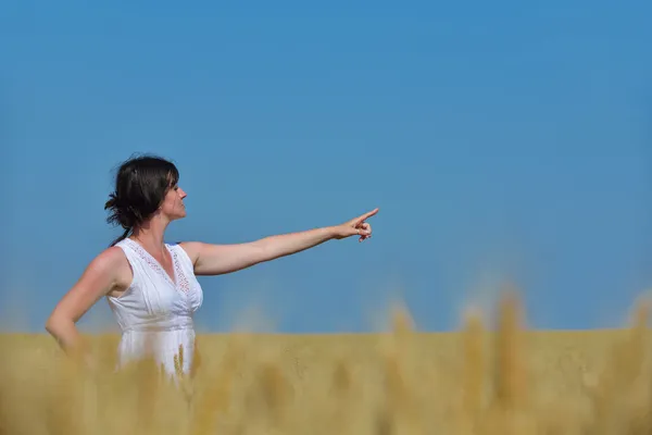 Young woman in wheat field at summer — Stock Photo, Image