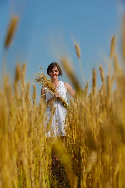 Junge Frau im Weizenfeld im Sommer — Stockfoto