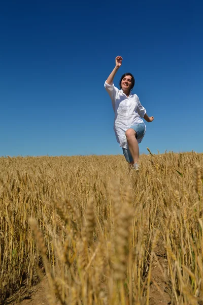 Ung kvinna i vetefält på sommaren — Stockfoto