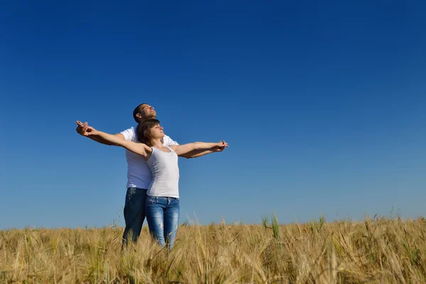 Happy couple in wheat field — Stock Photo, Image