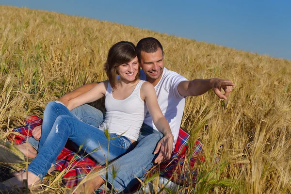 Happy couple in wheat field — Stock Photo, Image