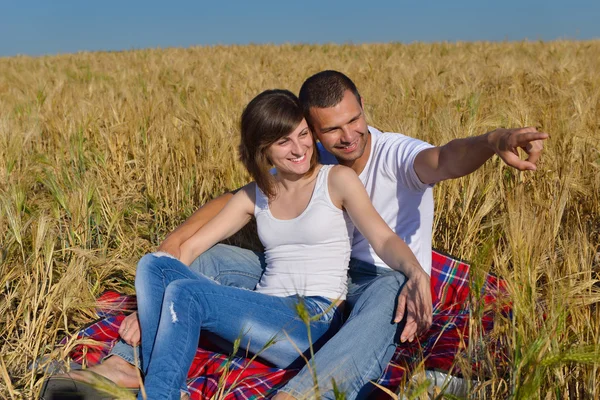 Happy couple in wheat field — Stock Photo, Image