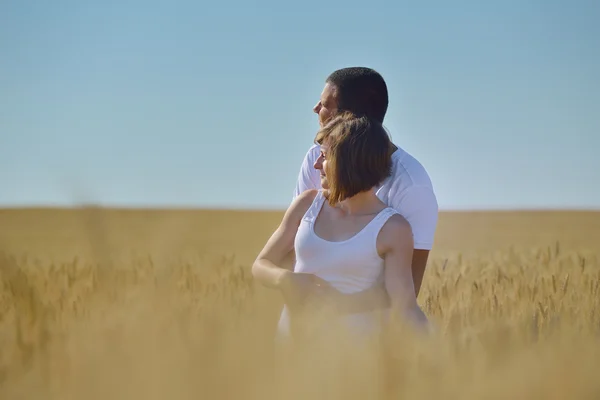 Happy couple in wheat field — Stock Photo, Image