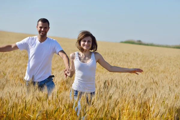 Casal feliz no campo de trigo — Fotografia de Stock